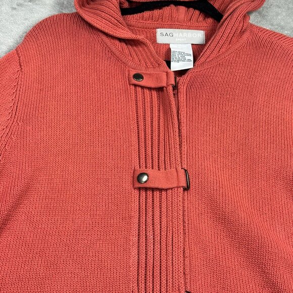 Y2K Coral Hooded Cardigan Jacket Full Zip Cotton Knit Retro Coastal Grandmacore - Picture 7 of 10